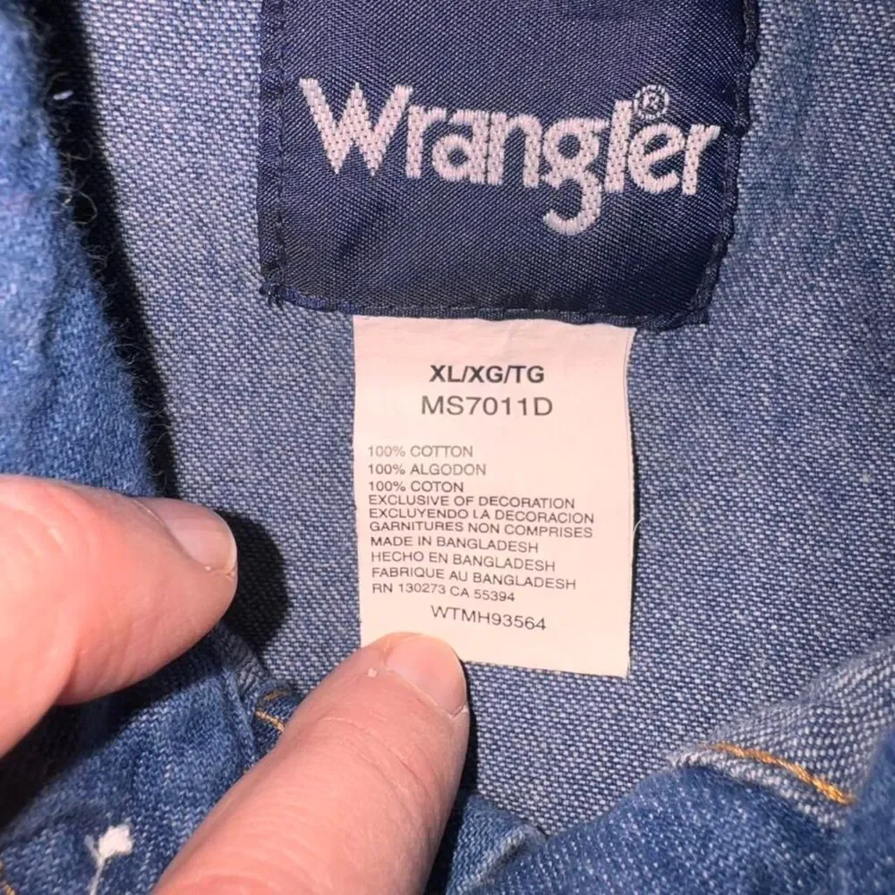 Wrangler Men's Blue Demin Jean Shirt XL Pearl Snap Vintage Cowboycore Western - Picture 6 of 8
